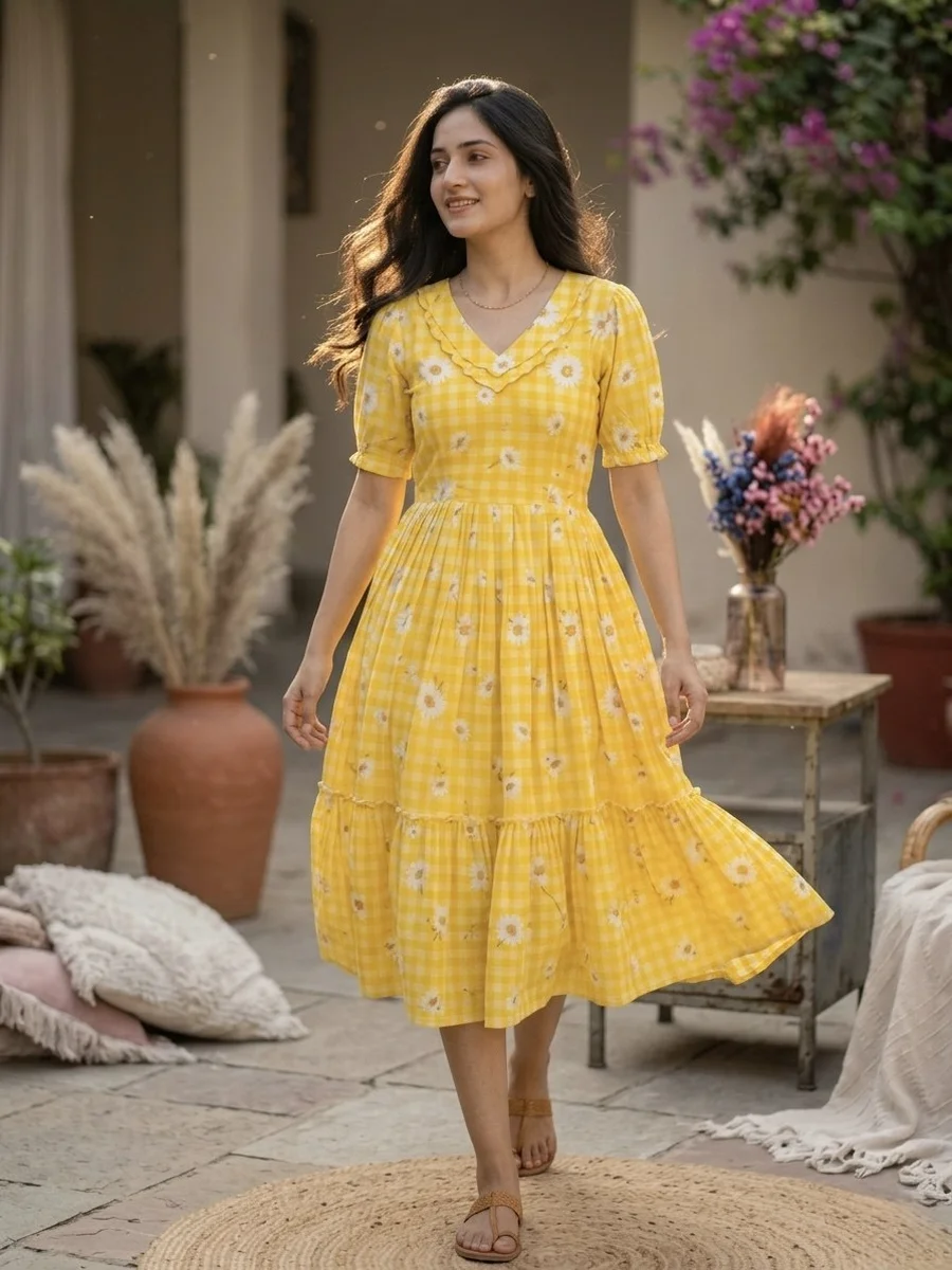 3MODERN MUSLIN SILK GINGHAM PRINT WORK ONE PIECE DRESS FESTIVE WEAR WHOLESALE PRICE ETHNIC GARMENT (5)