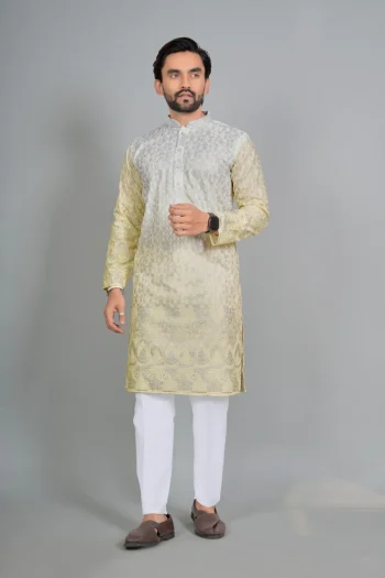 MODERN RAYON DIGITAL PRINT  WORK MEN'S KURTA PAYJAMA LIGHT YELLOW