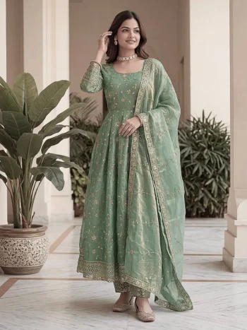 NEW ARRIVAL FENDY SILK EMBROIDERY  SEQUENCE ZARI WORK GOWN BOTTOM WITH DUPATTA MINT