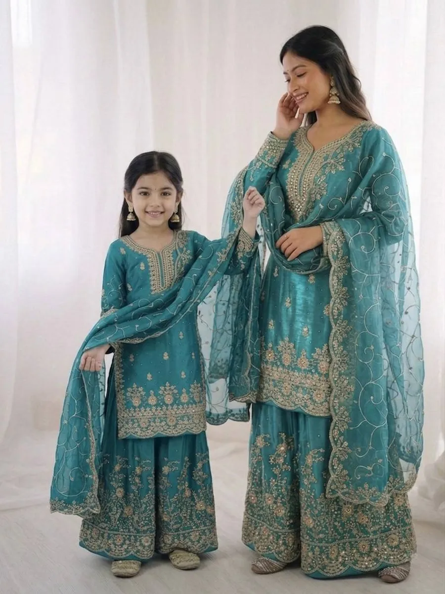 3NEW ARRIVAL GMY SILK EMBROIDERY SEQUENCE WORK MOTHDER DAUGHTER SET FESTIVE WEAR WHOLESALE PRICE ETHNIC GARMENT (47)