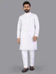 RICH LOOK COTTON CHIKANKARI EMBROIDERY WORK MEN'S KURTA PAYJAMA WHITE