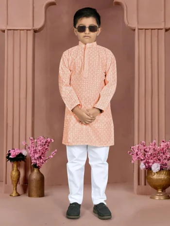 RICH LOOK COTTON CHIKANKARI WORK KID'S KURTA PAYJAMA SET PEACH