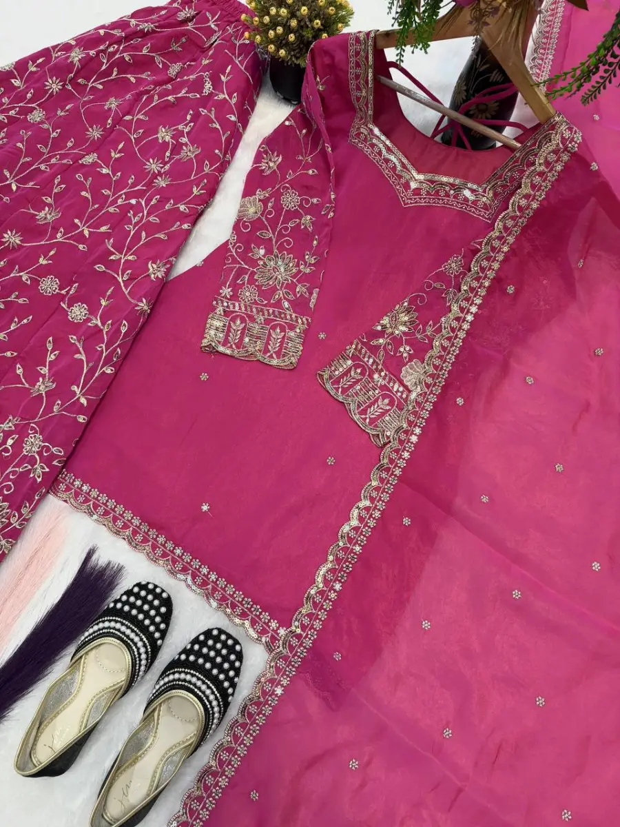 3RICH LOOK FENDY SILK THREAD WITH SEQUENCE EMBROIDERY, ZARI WORK TOP PALAZZO WITH DUPATTA FESTIVE WEAR WHOLESALE PRICE ETHNIC GARMENT (20)