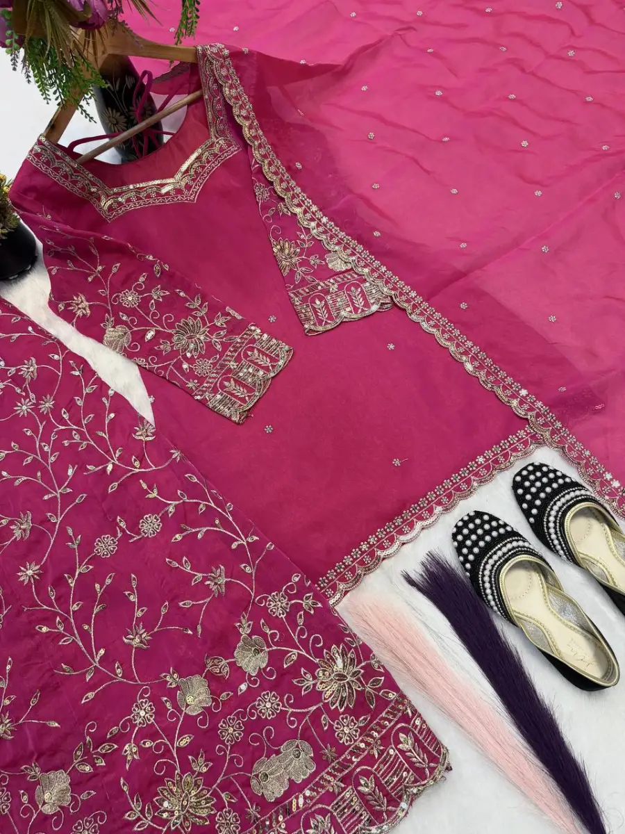 3RICH LOOK FENDY SILK THREAD WITH SEQUENCE EMBROIDERY, ZARI WORK TOP PALAZZO WITH DUPATTA FESTIVE WEAR WHOLESALE PRICE ETHNIC GARMENT (23)