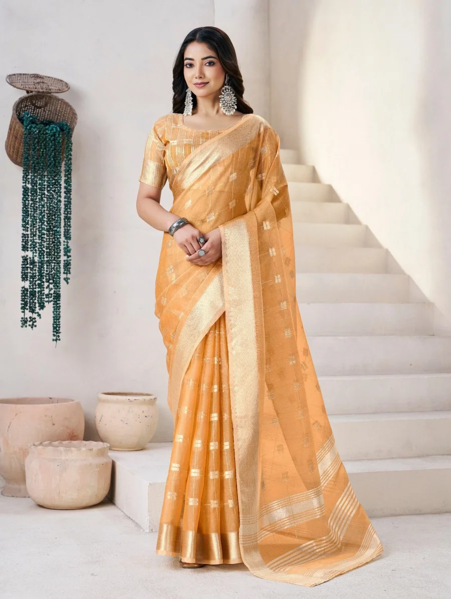 3RICH LOOK LINEN COTTON SILK GOLD ZARI AND SELF DESIGN WORK SAREE WITH UNSTITCHED BLOUSE FESTIVE WEAR WHOLESALE PRICE ETHNIC GARMENT (35)