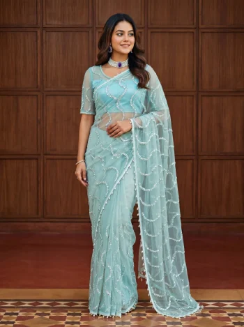 RICH LOOK NET BEADS ,SEQUENCE, PEARLS EMBROIDERY WORK SAREE WITH UNSTITCHED BLOUSE SKY