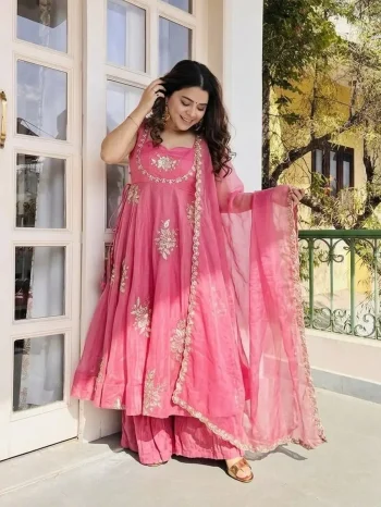 TRENDING FENDY SILK EMBROIDERY SEQUENCE WORK GOWN PALAZZO WITH DUPATTA BABY PINK
