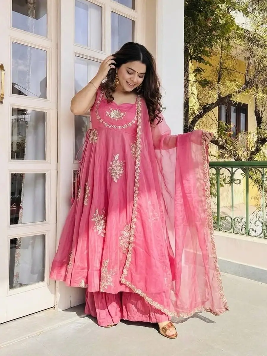 3TRENDING FENDY SILK EMBROIDERY SEQUENCE WORK GOWN PALAZZO WITH DUPATTA WEDDING WEAR WHOLESALE PRICE ETHNIC GARMENT (14)
