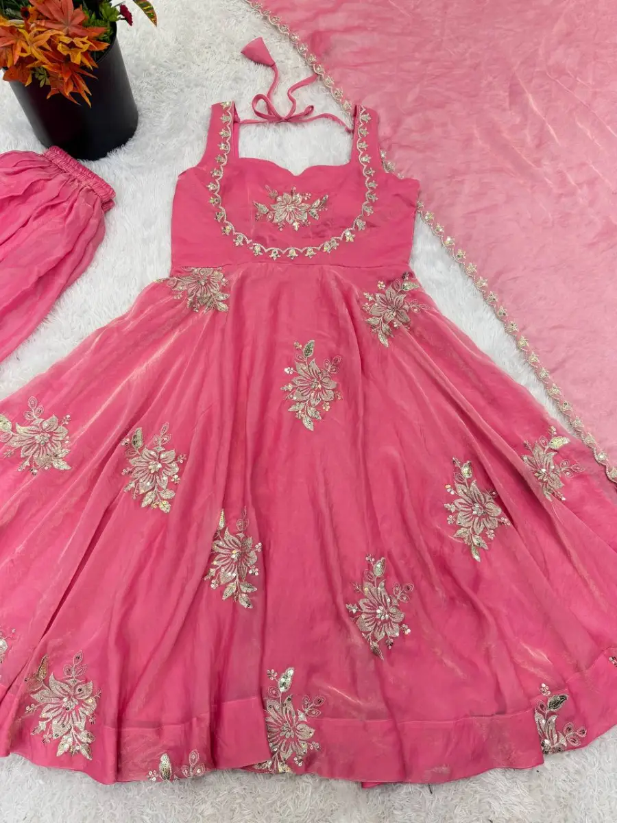 3TRENDING FENDY SILK EMBROIDERY SEQUENCE WORK GOWN PALAZZO WITH DUPATTA WEDDING WEAR WHOLESALE PRICE ETHNIC GARMENT (18)