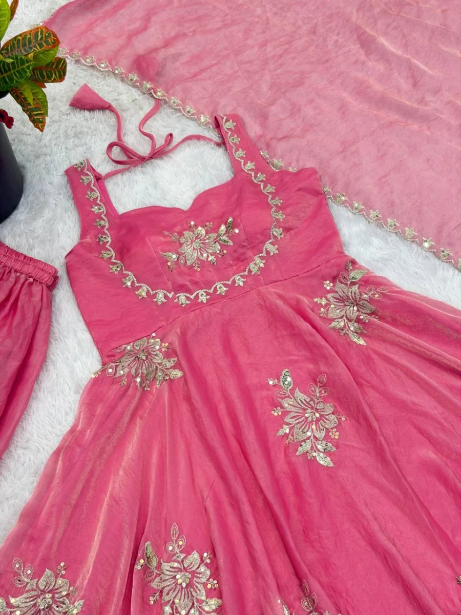 3TRENDING FENDY SILK EMBROIDERY SEQUENCE WORK GOWN PALAZZO WITH DUPATTA WEDDING WEAR WHOLESALE PRICE ETHNIC GARMENT (20)