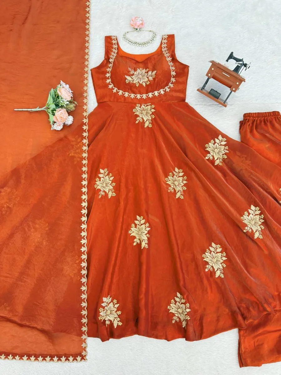 3TRENDING FENDY SILK THREAD AND SEQUENCE WORK GOWN PALAZZO WITH DUPATTA WEDDING WEAR WHOLESALE PRICE ETHNIC GARMENT (24)