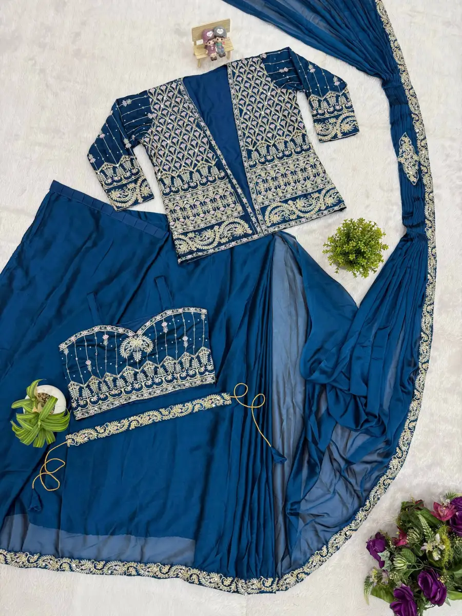 3TRENDING RANGOLI SILK EMBROIDERY WORK LACE BORDER WORK READY TO WEAR SAREE WITH STITCHED BLOUSE AND KOTI PARTY WEAR WHOLESALE PRICE ETHNIC GARMENT (13)