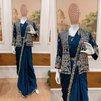 TRENDING RANGOLI SILK EMBROIDERY WORK LACE BORDER WORK READY TO WEAR SAREE WITH STITCHED BLOUSE AND KOTI TEAL