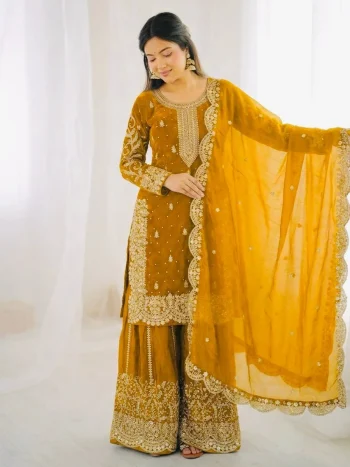 DESIGNER FENDY SILK EMBROIDERY CODING AND SEQUENCE WORK TOP PALAZZO WITH DUPATTA YELLOW