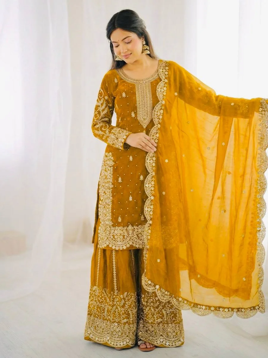 4DESIGNER FENDY SILK EMBROIDERY CODING AND SEQUENCE WORK TOP PALAZZO WITH DUPATTA FESTIVE WEAR WHOLESALE PRICE ETHNIC GARMENT (38)