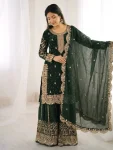 DESIGNER FENDY SILK EMBROIDERY CODING AND SEQUENCE WORK TOP PALAZZO WITH DUPATTA DARK GREEN