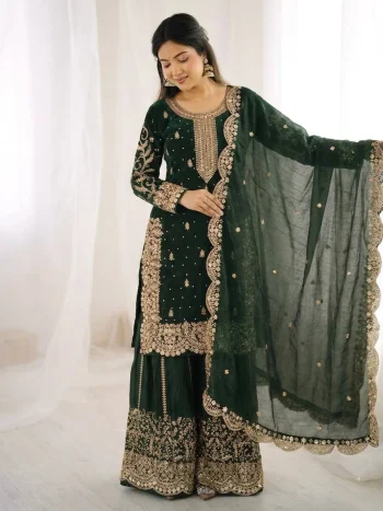 DESIGNER FENDY SILK EMBROIDERY CODING AND SEQUENCE WORK TOP PALAZZO WITH DUPATTA DARK GREEN