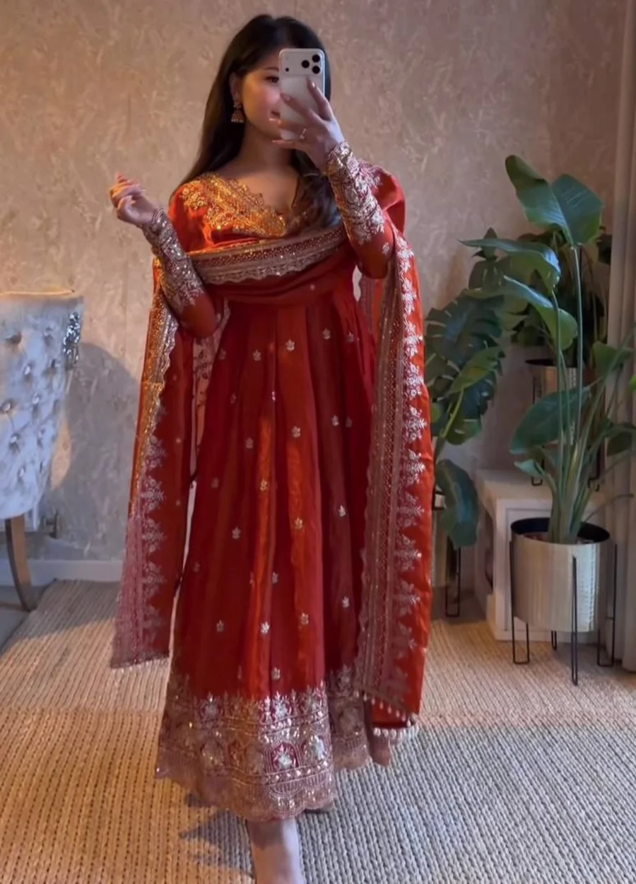 4DESIGNER FENDY SILK EMBROIDERY SEQUENCE WORK GOWN BOTTOM WITH DUPATTA FESTIVE WEAR WHOLESALE PRICE ETHNIC GARMENT (8)