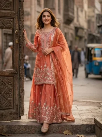 DESIGNER GMY SILK EMBROIDERY 5 MM SEQUENCE WORK TOP PALAZZO WITH DUPATTA PEACH