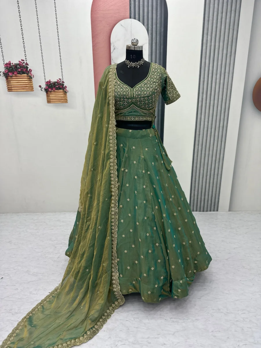 4DESIGNER MOSS EMBROIDERY BEADS & SEQUENCE WORK LEHENGA CHOLI WITH DUPATTA WEDDING WEAR WHOLESALE PRICE ETHNIC GARMENT (17)