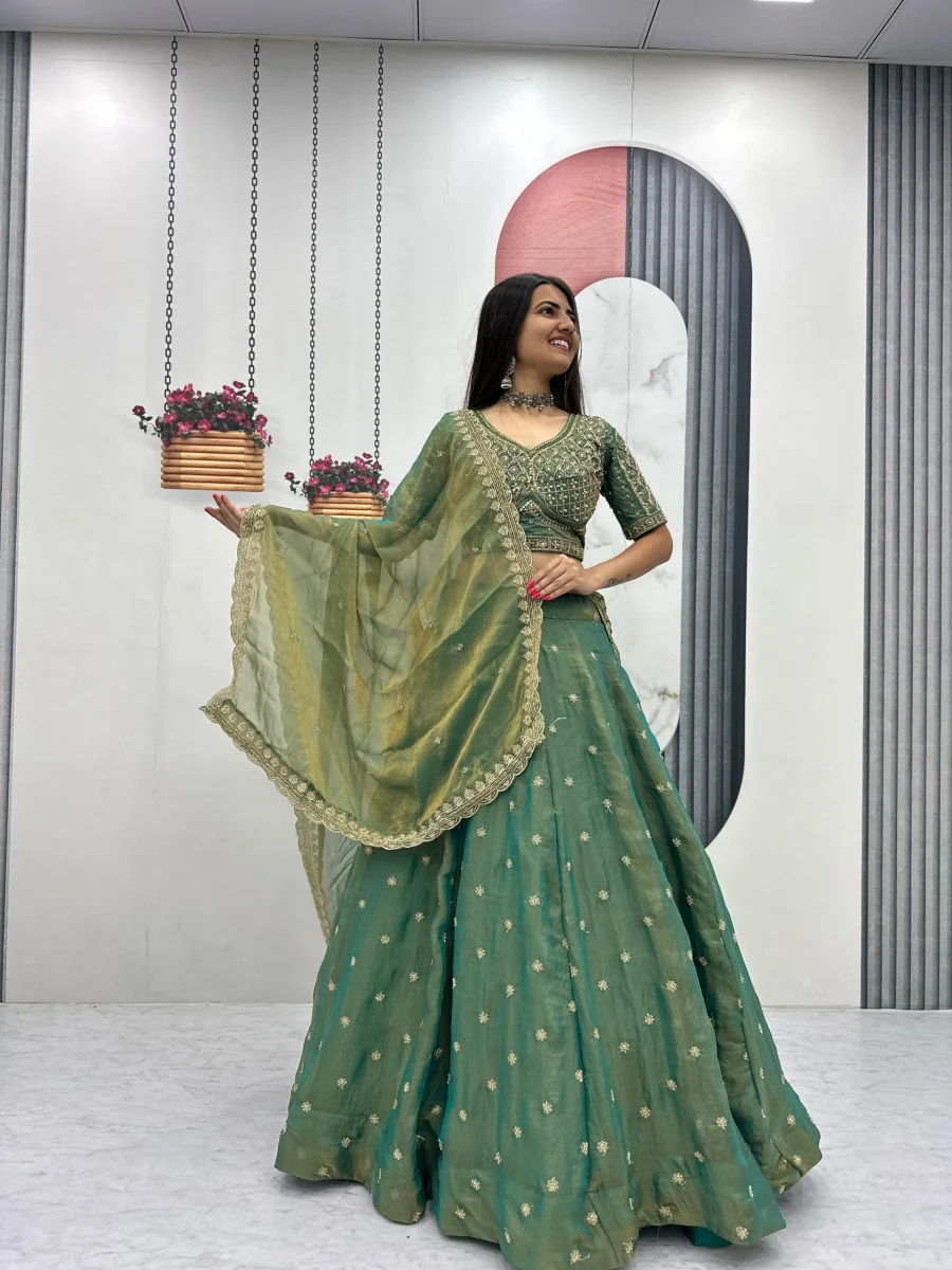 4DESIGNER MOSS EMBROIDERY BEADS & SEQUENCE WORK LEHENGA CHOLI WITH DUPATTA WEDDING WEAR WHOLESALE PRICE ETHNIC GARMENT (19)