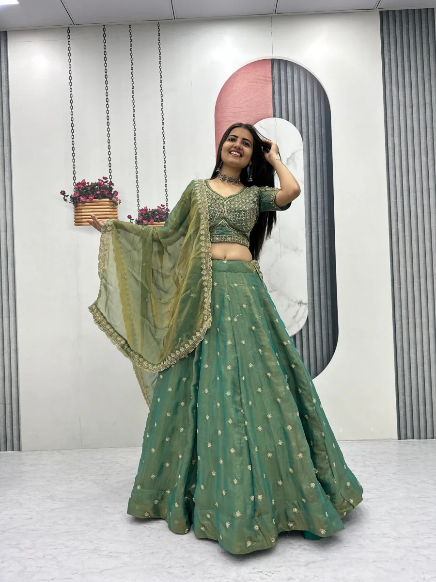 4DESIGNER MOSS EMBROIDERY BEADS & SEQUENCE WORK LEHENGA CHOLI WITH DUPATTA WEDDING WEAR WHOLESALE PRICE ETHNIC GARMENT (22)