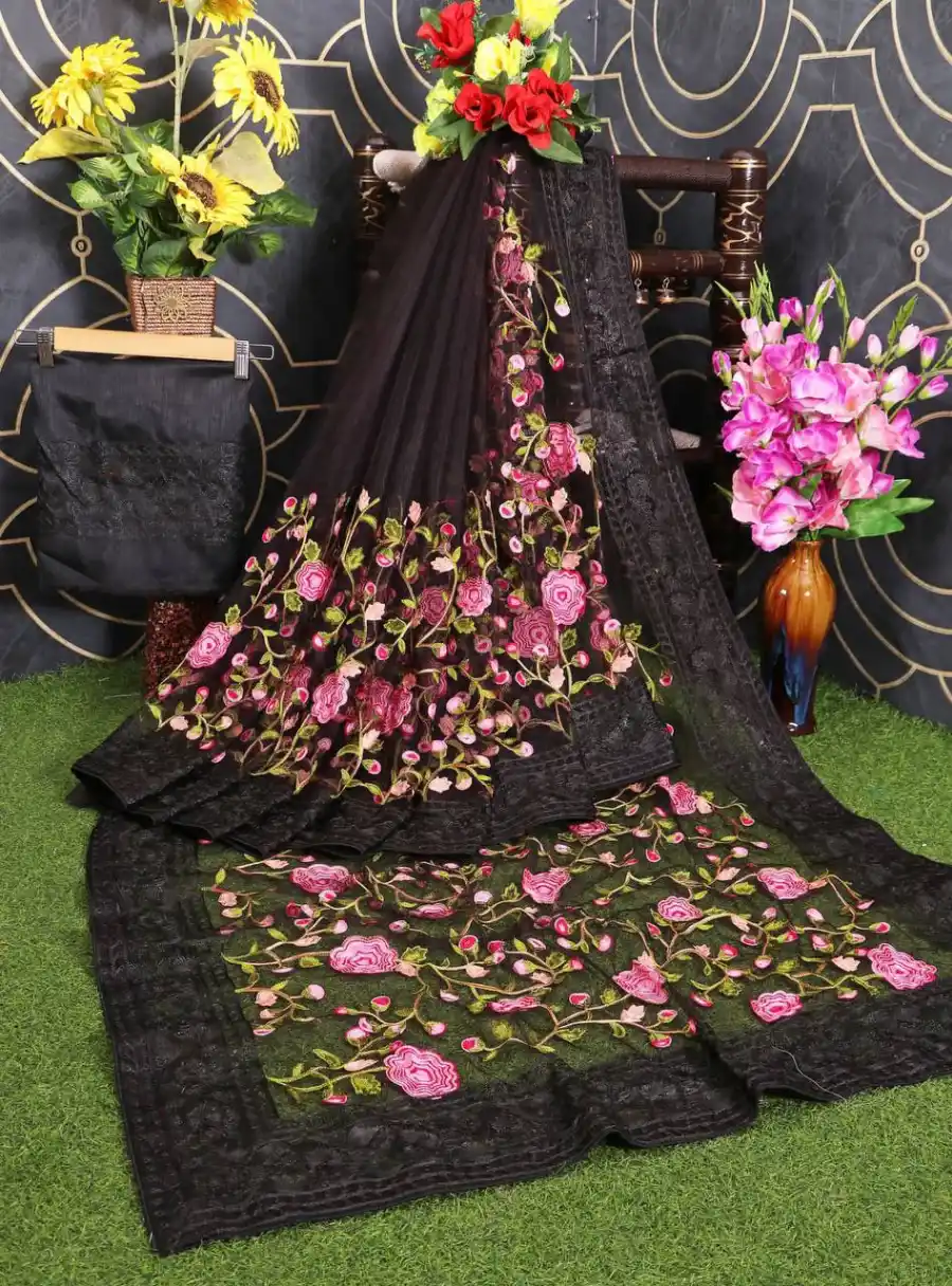 4DESIGNER SOFT NET CHIKANKARI EMBROIDERY WORK SAREE WITH UNSTITCHED BLOUSE PARTY WEAR WHOLESALE PRICE ETHNIC GARMENT (18)