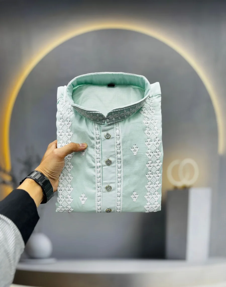 4DESIGNER SOFT SILK EMBROIDERY WORK AND SILVER SEQUENCE WORK MEN'S KURTA PAYJAMA FESTIVE WEAR WHOLESALE PRICE ETHNIC GARMENT (27)