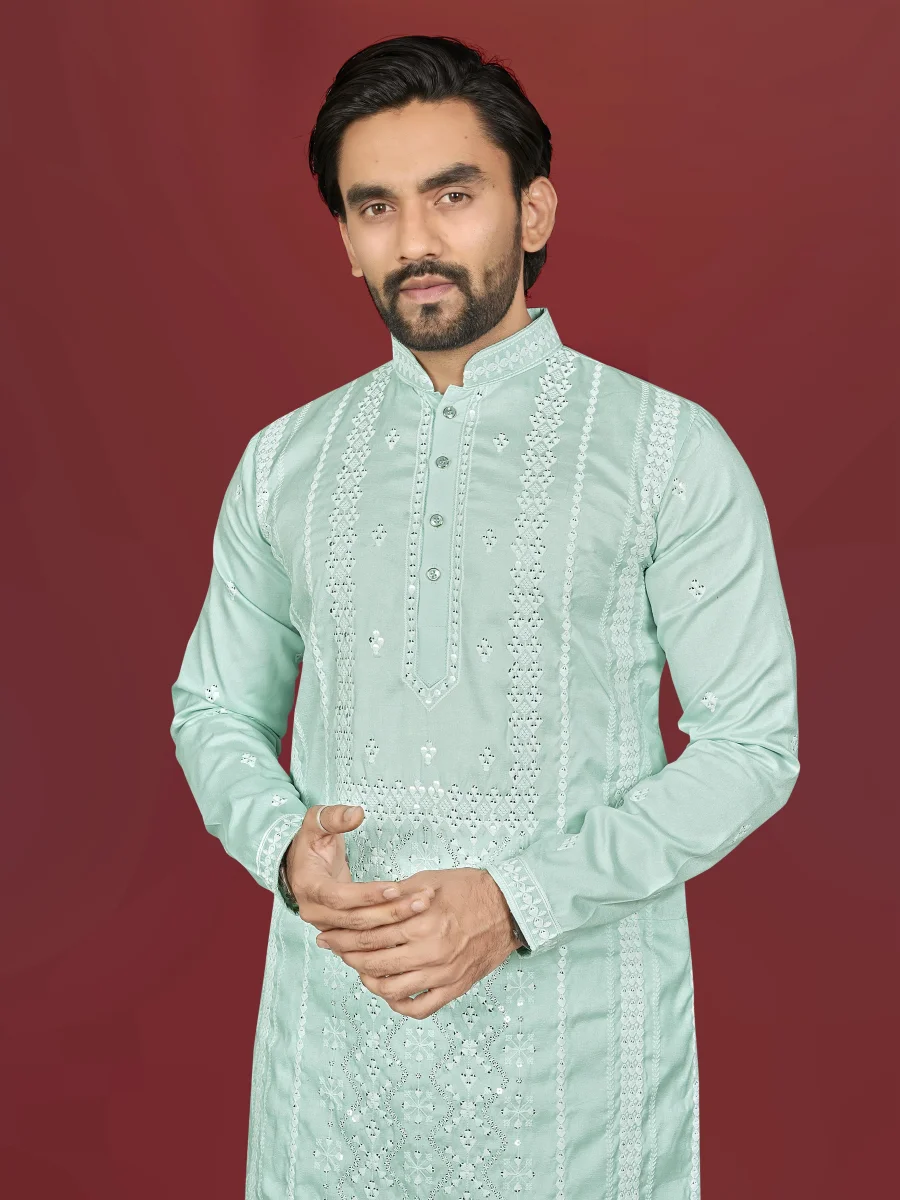 4DESIGNER SOFT SILK EMBROIDERY WORK AND SILVER SEQUENCE WORK MEN'S KURTA PAYJAMA FESTIVE WEAR WHOLESALE PRICE ETHNIC GARMENT (28)