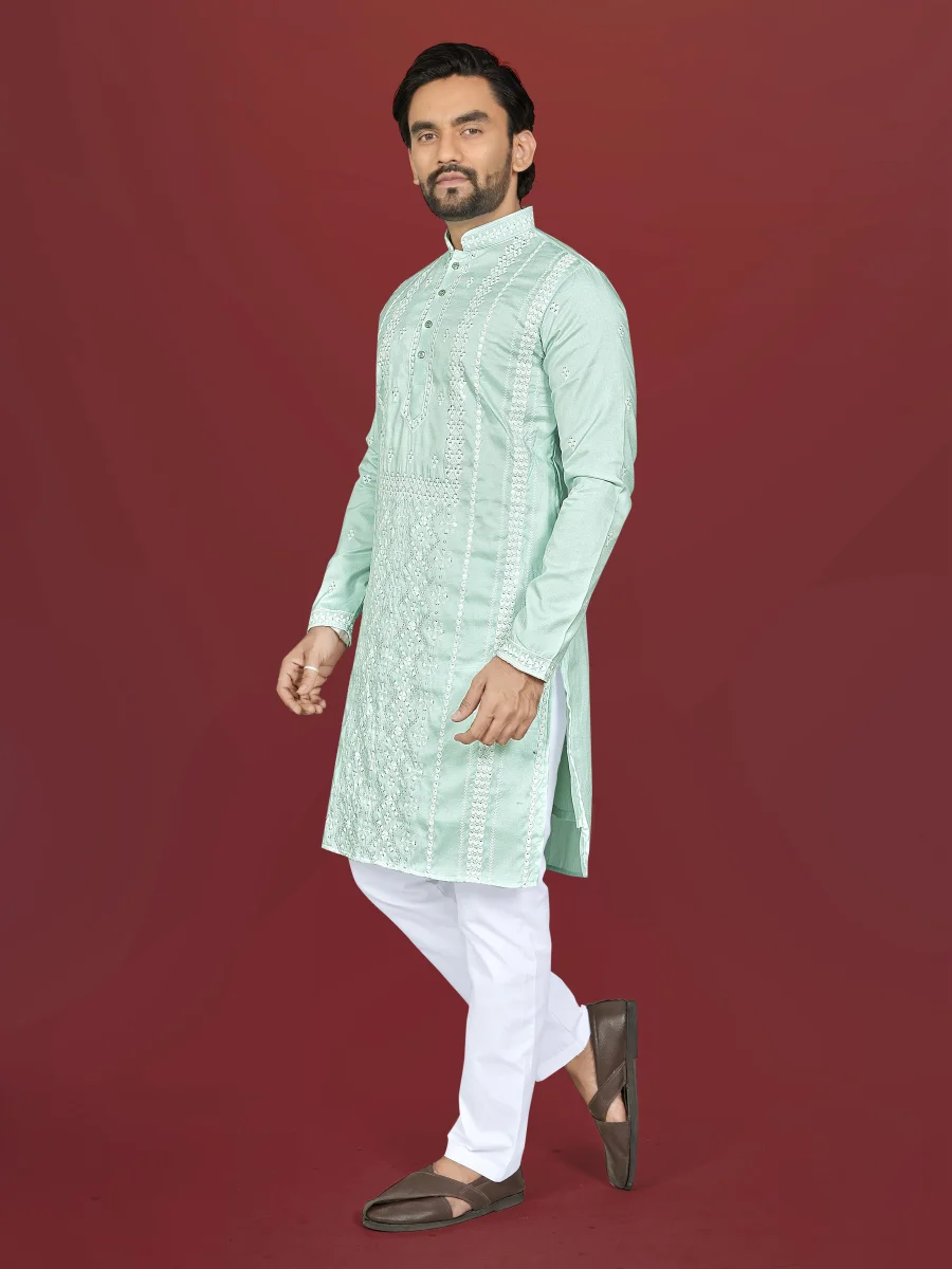 4DESIGNER SOFT SILK EMBROIDERY WORK AND SILVER SEQUENCE WORK MEN'S KURTA PAYJAMA FESTIVE WEAR WHOLESALE PRICE ETHNIC GARMENT (29)