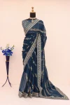 FANCY GEORGETTE CODING SEQUENCE WITH CODING SEQUENCE BORDER WITH PIPING WORK SAREE WITH UNSTITCHED BLOUSE TEAL