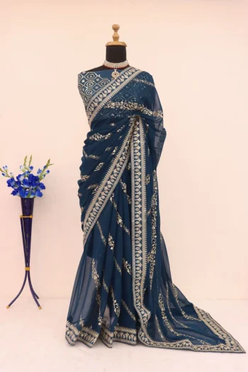 FANCY GEORGETTE CODING SEQUENCE WITH CODING SEQUENCE BORDER WITH PIPING WORK SAREE WITH UNSTITCHED BLOUSE TEAL