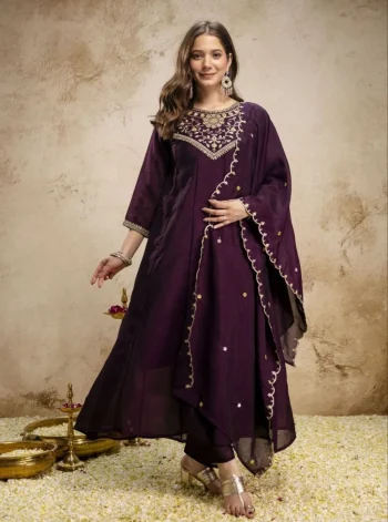FANCY VICHITRA SILK SEQUENCE CODING EMBROIDERY WORK TOP BOTTOM WITH DUPATTA WINE