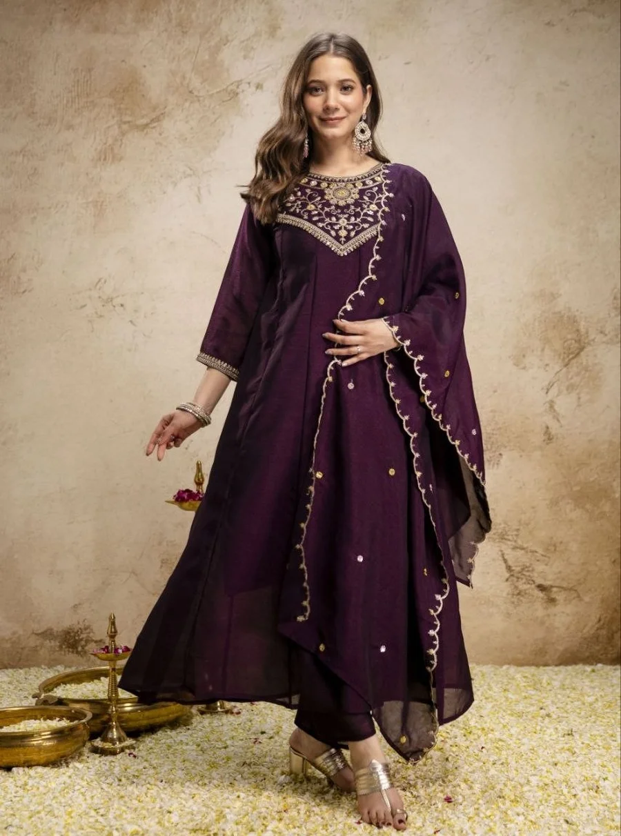 4FANCY VICHITRA SILK SEQUENCE CODING EMBROIDERY WORK TOP BOTTOM WITH DUPATTA FESTIVE WEAR WHOLESALE PRICE ETHNIC GARMENT (28)