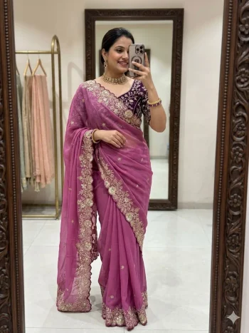 MODERN GEORGETTE SEQUENCE WORK CUT  WORK BORDER SAREE WITH UNSTITCHED BLOUSE PINK