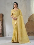 MODERN LINENE COTTON SILK GOLD ZARI AND SELF DESIGN WORK SAREE WITH UNSTITCHED BLOUSE YELLOW