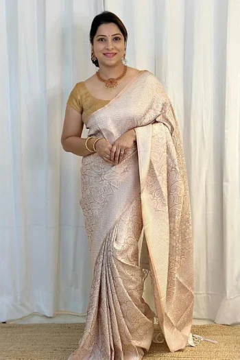 MOST PICKED LICHI SILK JACQUARD WORK SAREE WITH UNSTITCHED BLOUSE OFF WHITE