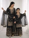 NEW ARRIVAL GMY SILK EMBROIDERY SEQUENCE WORK MOTHDER DAUGHTER SET BLACK