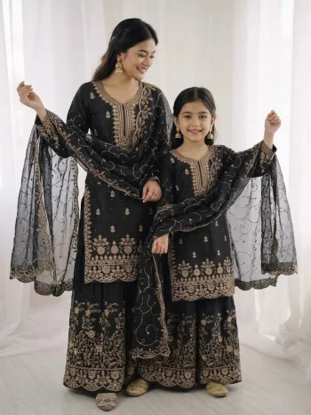 NEW ARRIVAL GMY SILK EMBROIDERY SEQUENCE WORK MOTHDER DAUGHTER SET BLACK