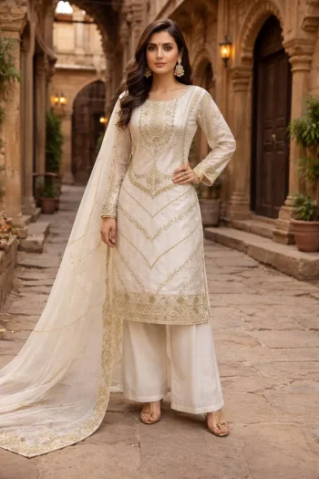RICH LOOK FENDY SILK EMBROIDERY SEQUENCE WORK TOP PALAZZO WITH DUPATTA OFF WHITE