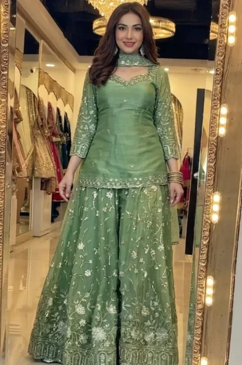 RICH LOOK FENDY SILK THREAD WITH SEQUENCE EMBROIDERY, ZARI WORK TOP PALAZZO WITH DUPATTA GREEN