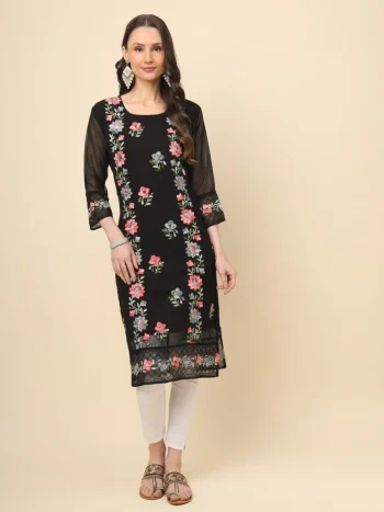 RICH LOOK GEORGETTE LUCKNOWI CHIKANKARI WORK ONLY KURTI BLACK