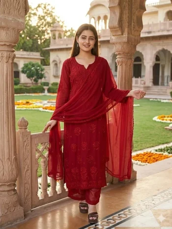 RICH LOOK GEORGETTE MULTI WORK TOP BOTTOM WITH DUPATTA SET RED