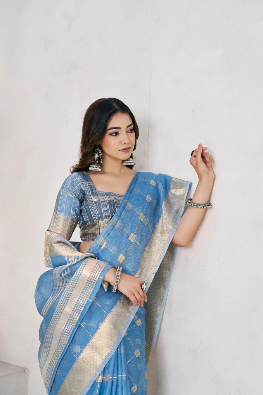 4RICH LOOK LINEN COTTON SILK GOLD ZARI AND SELF DESIGN WORK SAREE WITH UNSTITCHED BLOUSE FESTIVE WEAR WHOLESALE PRICE ETHNIC GARMENT (25)