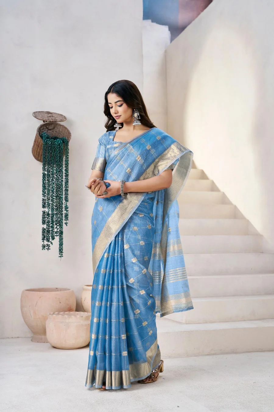 4RICH LOOK LINEN COTTON SILK GOLD ZARI AND SELF DESIGN WORK SAREE WITH UNSTITCHED BLOUSE FESTIVE WEAR WHOLESALE PRICE ETHNIC GARMENT (29)