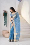 4RICH LOOK LINEN COTTON SILK GOLD ZARI AND SELF DESIGN WORK SAREE WITH UNSTITCHED BLOUSE FESTIVE WEAR WHOLESALE PRICE ETHNIC GARMENT (27)