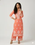 TRENDING COTTON EMBROIDERY WORK KURTI PALAZZO SET PEACH