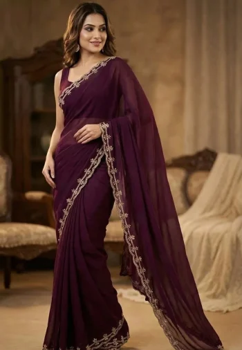 TRENDING FENDY SATIN KHATLI CUT DANA HANDWORK WITH ARC BORDER WORK SAREE WITH UNSTITCHED BLOUSE WINE