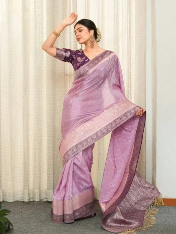 CLASSIC LICHI SILK JACQUARD WORK SAREE WITH UNSTITCHED BLOUSE LAVENDER