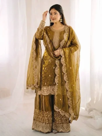 DESIGNER FENDY SILK EMBROIDERY CODING AND SEQUENCE WORK TOP PALAZZO WITH DUPATTA GOLD